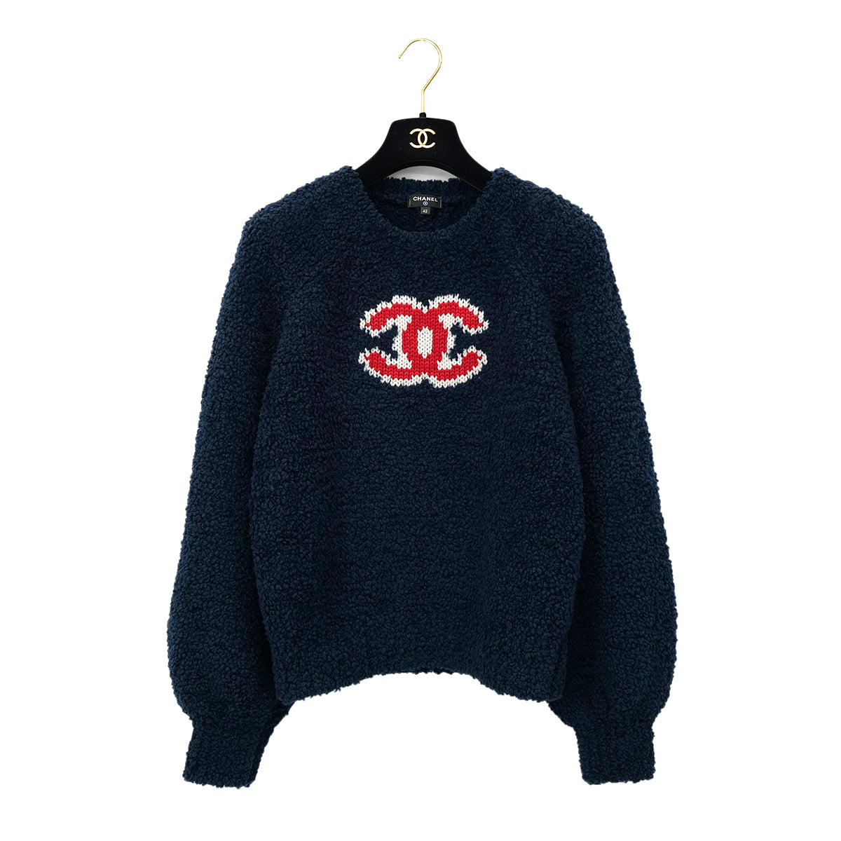 CHANEL COCOMARK TEDDY KNIT TOPS NAVY WOOL 42 P62 RTW 90302399