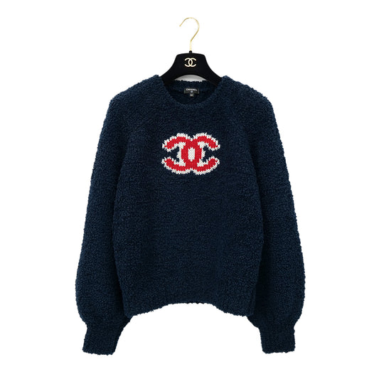 CHANEL COCOMARK TEDDY KNIT TOPS NAVY WOOL 42 P62 RTW 90302399