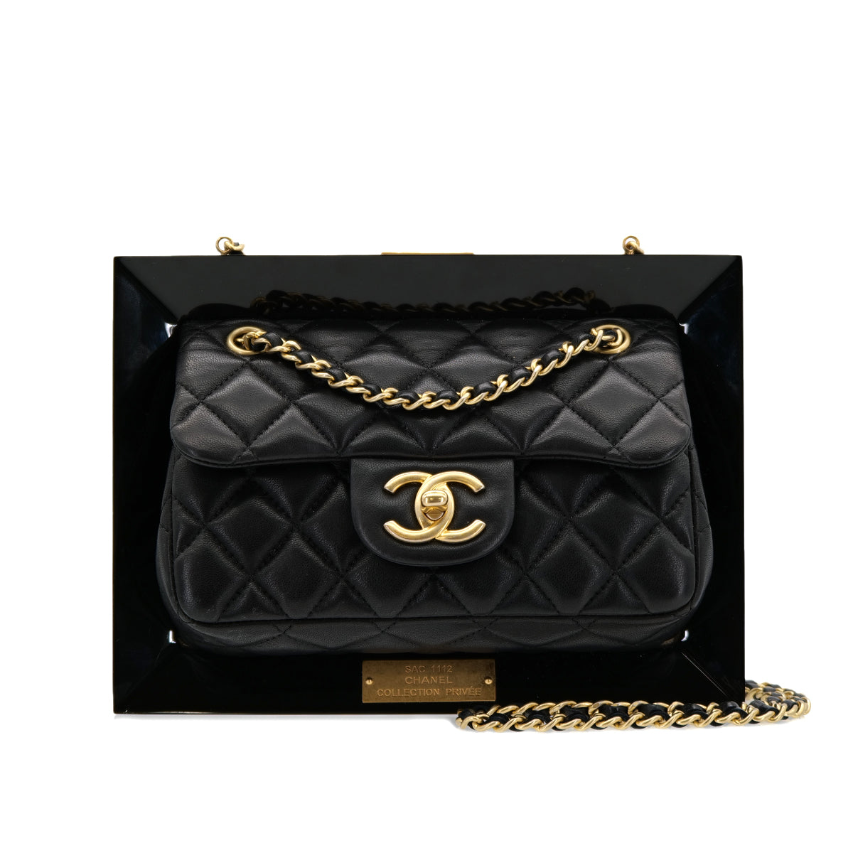 CHANEL 2014 COLLECTION PRIVEE FRAMED MINI MATELLASSE CHAIN SHOULDER BAG BLACK LAMB SKIN PLASTIC 90302568