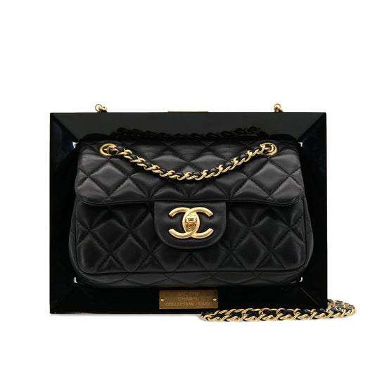 CHANEL 2014 COLLECTION PRIVEE FRAMED MINI MATELLASSE CHAIN SHOULDER BAG BLACK LAMB SKIN PLASTIC 90302568