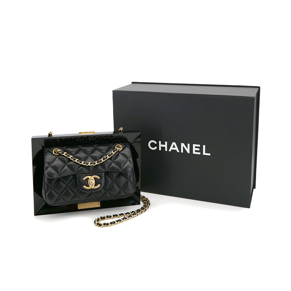 CHANEL 2014 COLLECTION PRIVEE FRAMED MINI MATELLASSE CHAIN SHOULDER BAG BLACK LAMB SKIN PLASTIC 90302568