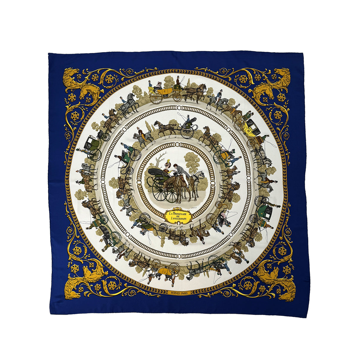 HERMES CARRE 90 LA PROMENADE DE LONGCHAMPS SCARF SILK BLUE 90302658