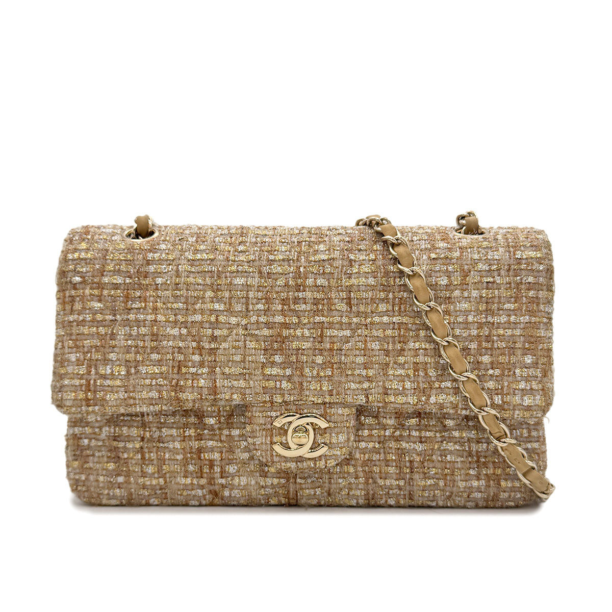 CHANEL VINTAGE CLASSIC FLAP MEDIUM CHAIN SHOULDER BAG GOLD TWEED 90302900
