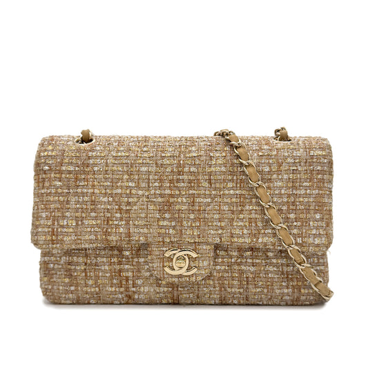 CHANEL VINTAGE CLASSIC FLAP MEDIUM CHAIN SHOULDER BAG GOLD TWEED 90302900