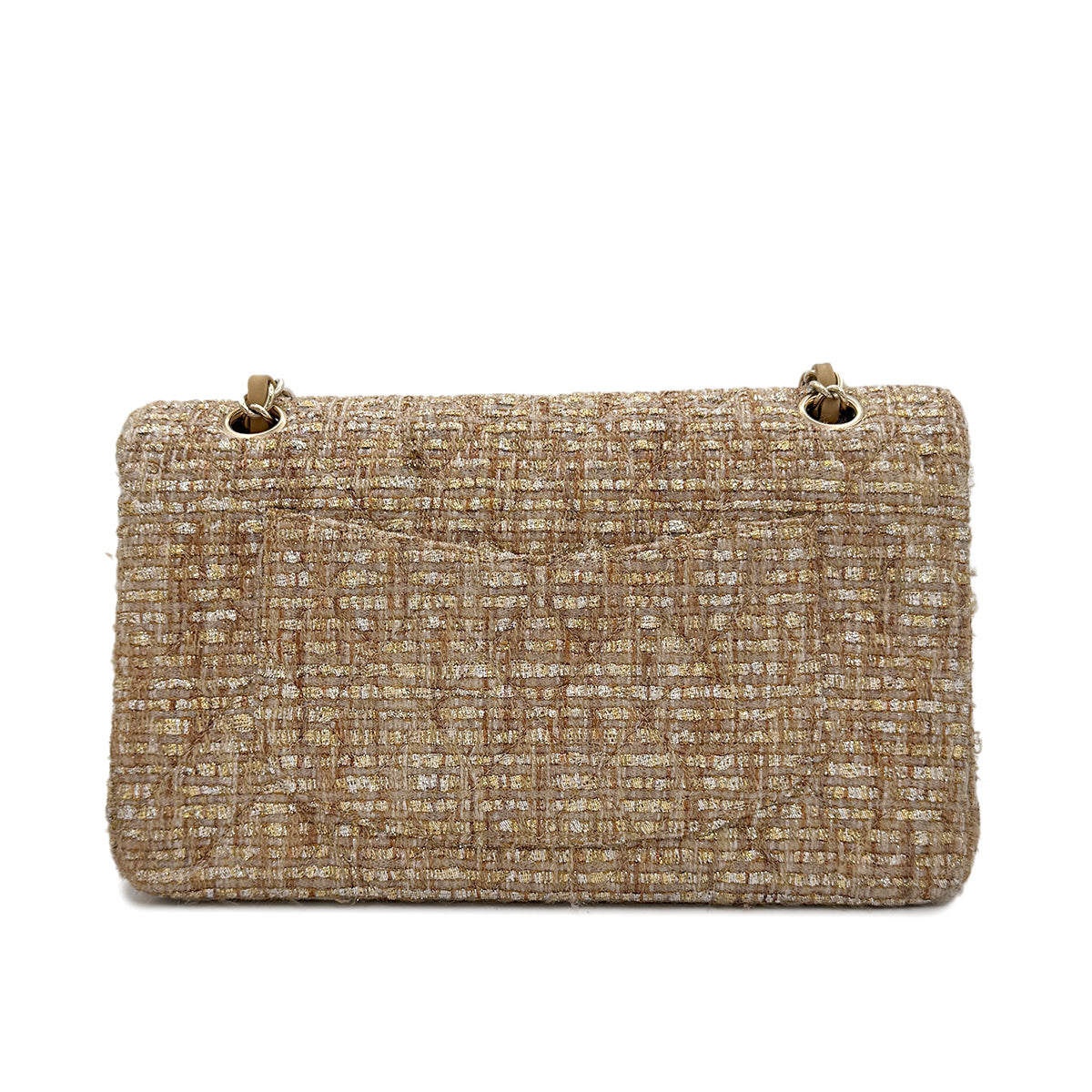 CHANEL VINTAGE CLASSIC FLAP MEDIUM CHAIN SHOULDER BAG GOLD TWEED 90302900
