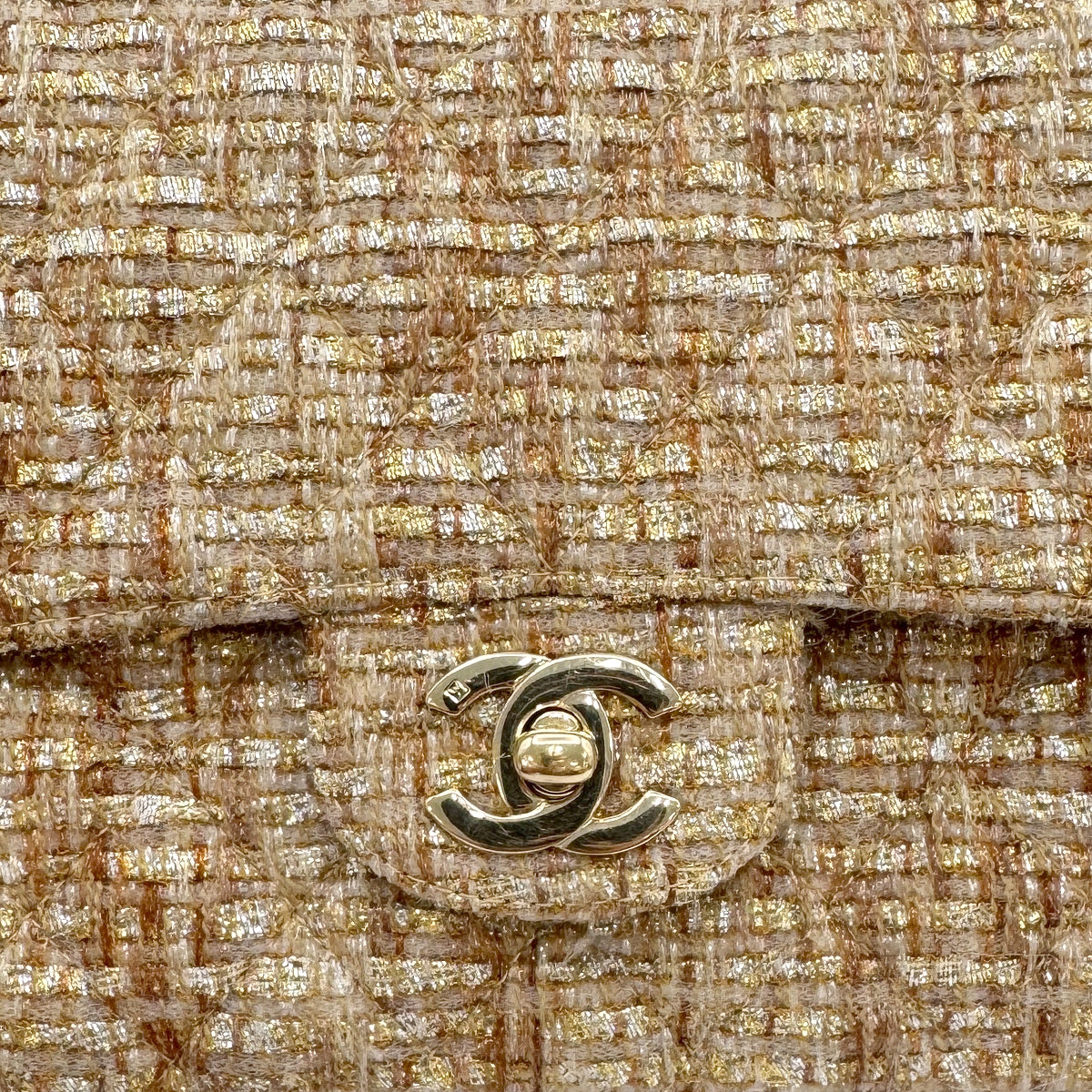 CHANEL VINTAGE CLASSIC FLAP MEDIUM CHAIN SHOULDER BAG GOLD TWEED 90302900