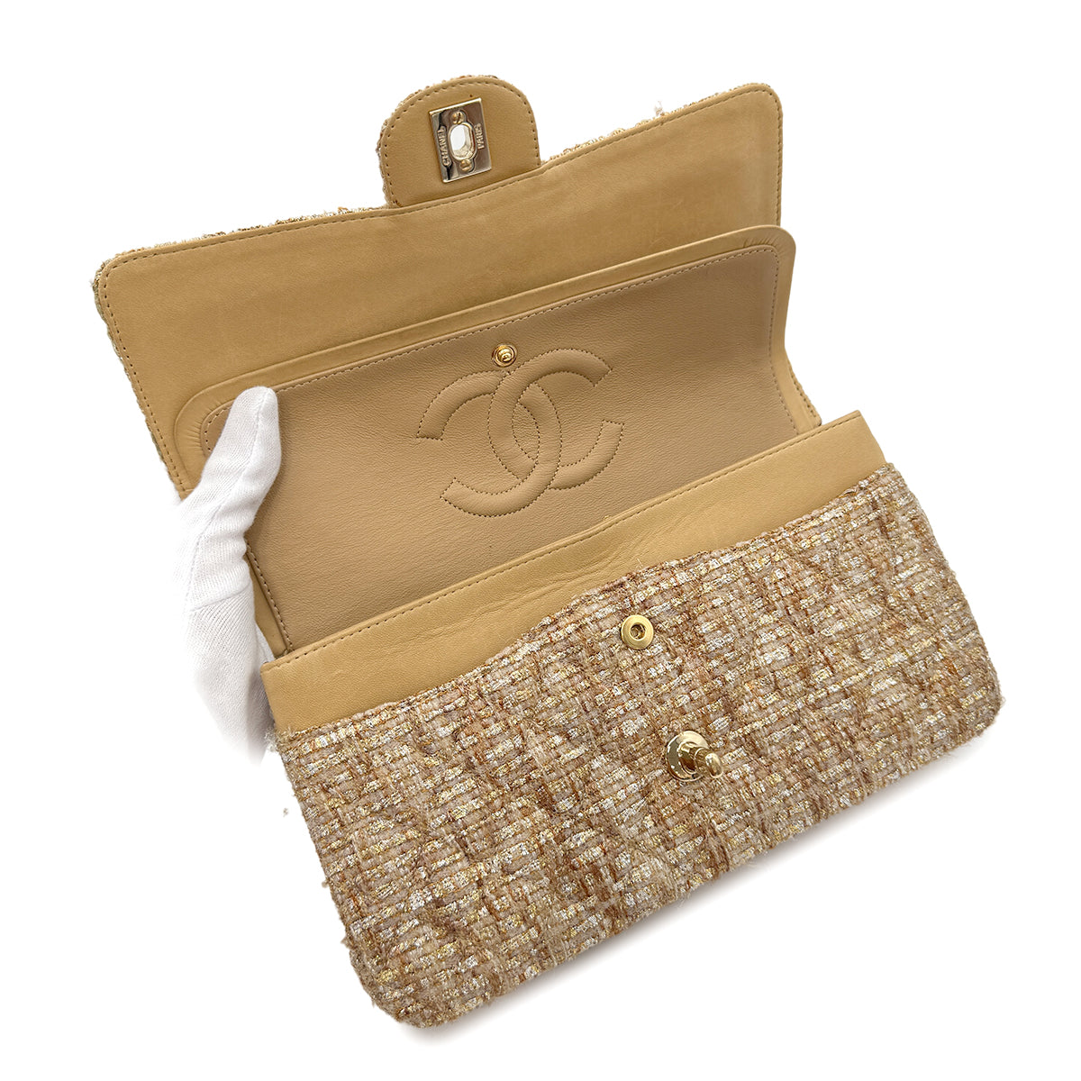 CHANEL VINTAGE CLASSIC FLAP MEDIUM CHAIN SHOULDER BAG GOLD TWEED 90302900