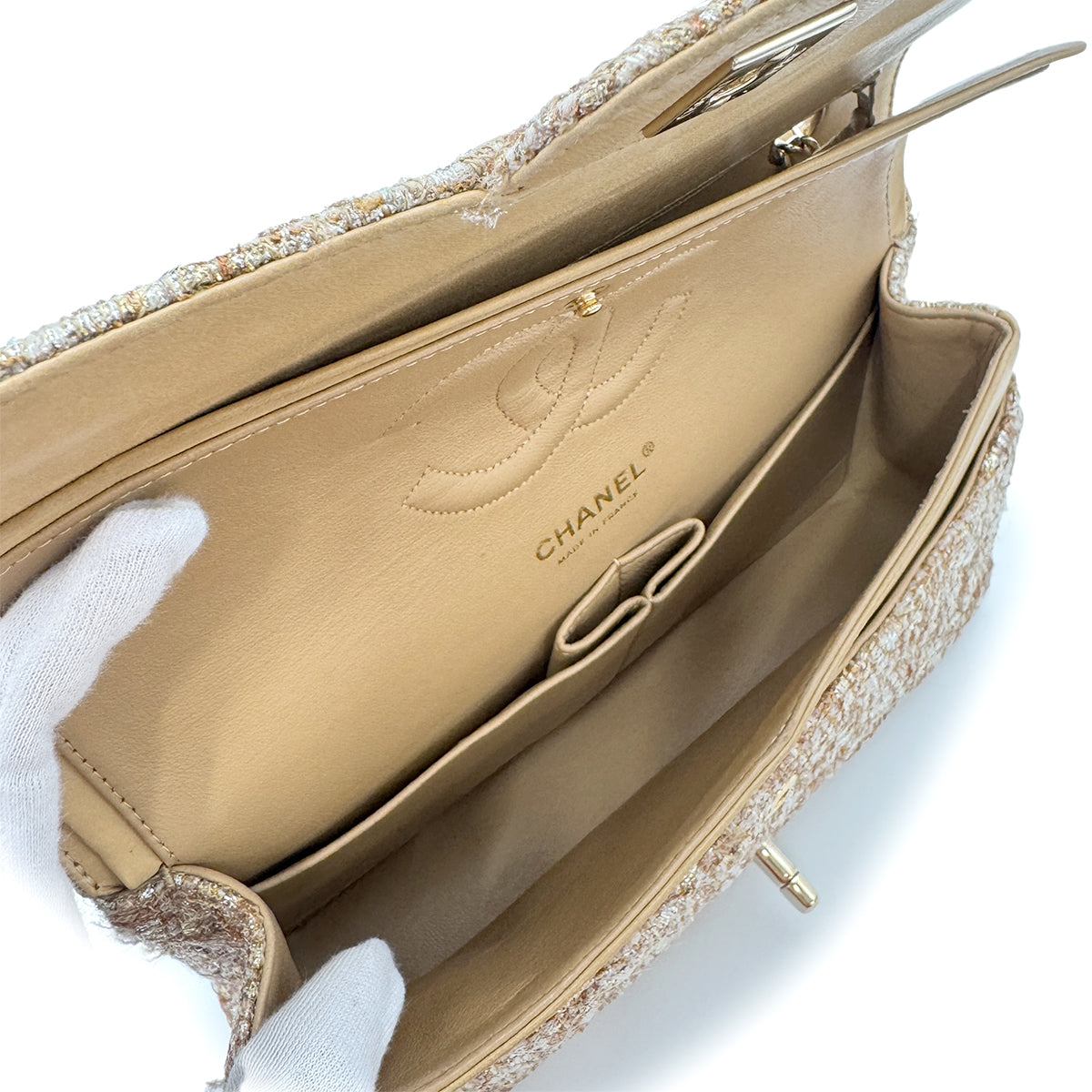 CHANEL VINTAGE CLASSIC FLAP MEDIUM CHAIN SHOULDER BAG GOLD TWEED 90302900