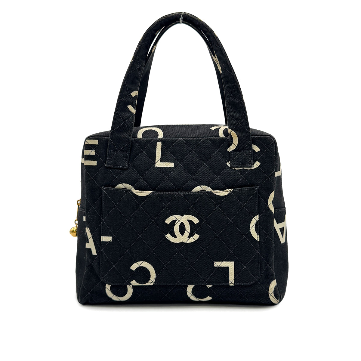 CHANEL VINTAGE MATELASSE LOGO HAND BAG BLACK WHITE CANVAS 90303315