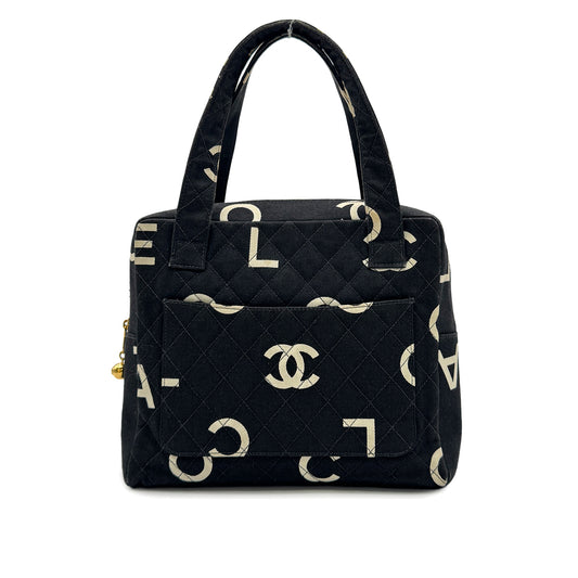 CHANEL VINTAGE MATELASSE LOGO HAND BAG BLACK WHITE CANVAS 90303315