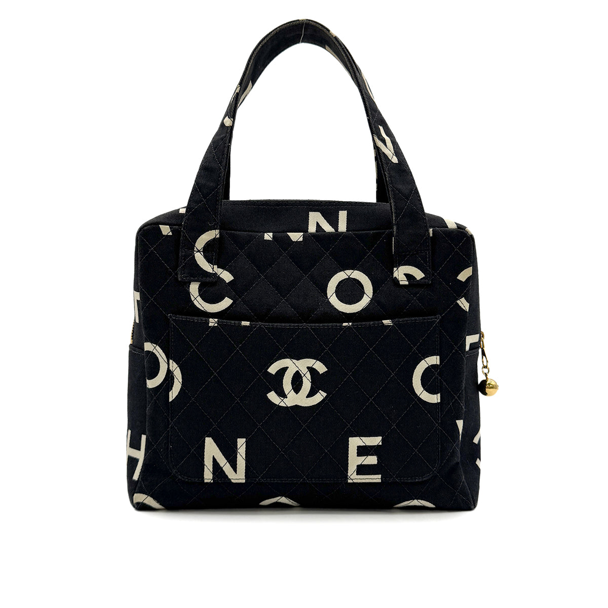 CHANEL VINTAGE MATELASSE LOGO HAND BAG BLACK WHITE CANVAS 90303315