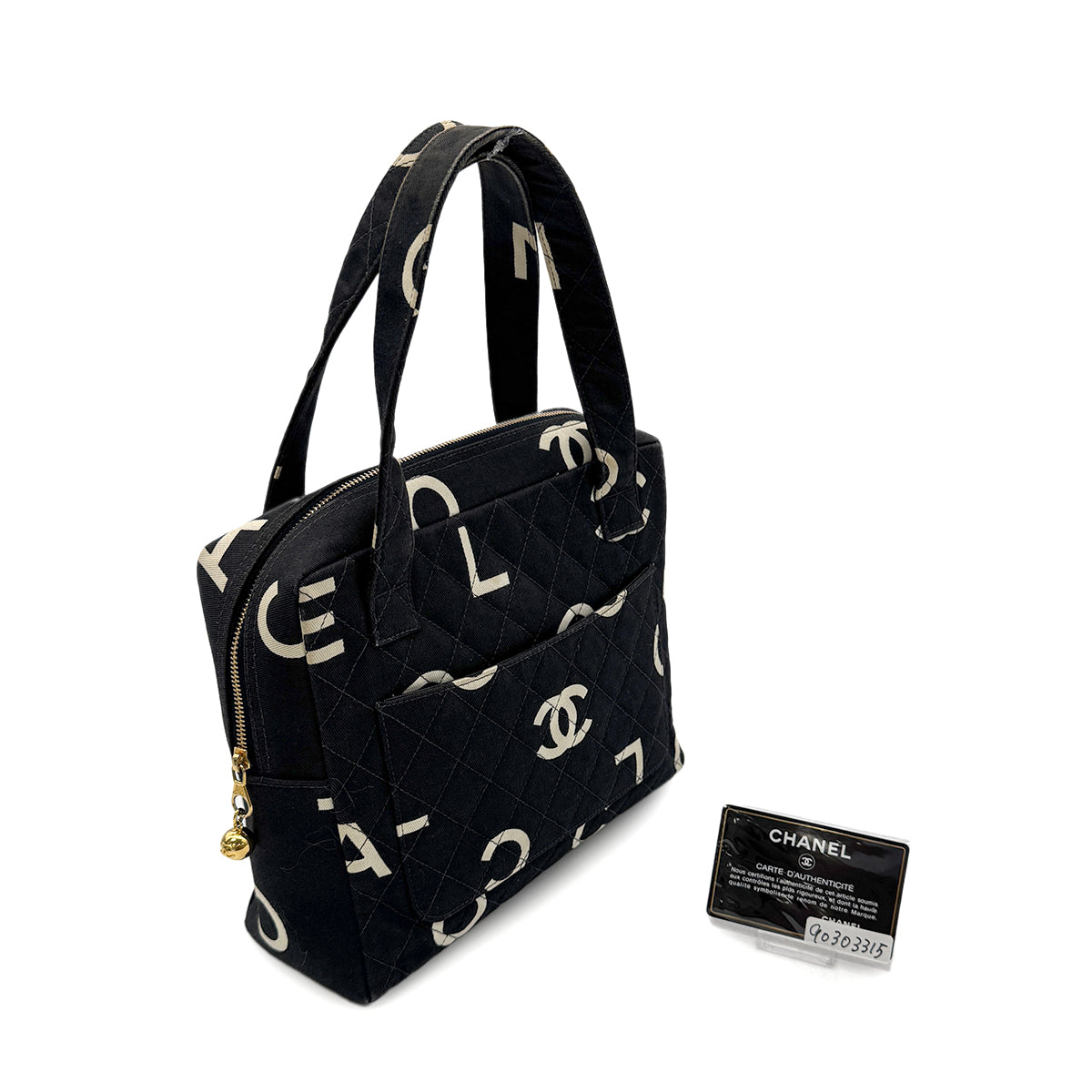 CHANEL VINTAGE MATELASSE LOGO HAND BAG BLACK WHITE CANVAS 90303315
