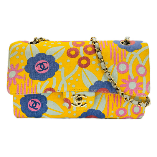 CHANEL VINTAGE CLASSIC FLAP MEDIUM CHAIN SHOULDER BAG FLOWER PRINT YELLOW LIGHTBLUE CANVAS 90215300