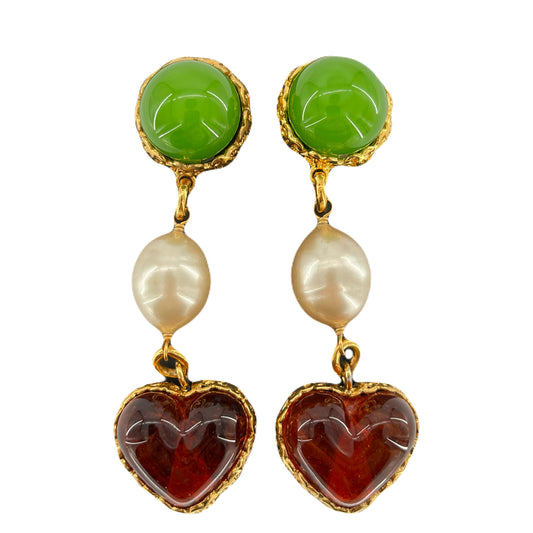 CHANEL VINTAGE EARRINGS  COLORSTONE FAKEPEARL HEART ACCESSORY 2/8 90215542