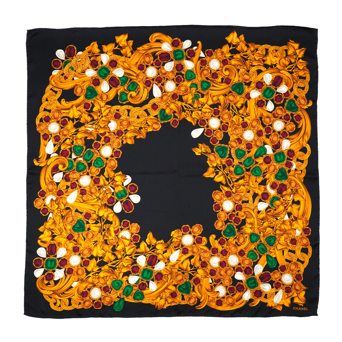X2098 新同 シャネル カメリア×グリポワ 宝石柄 シルク スカーフ CHANEL SCARF – PURPOSE