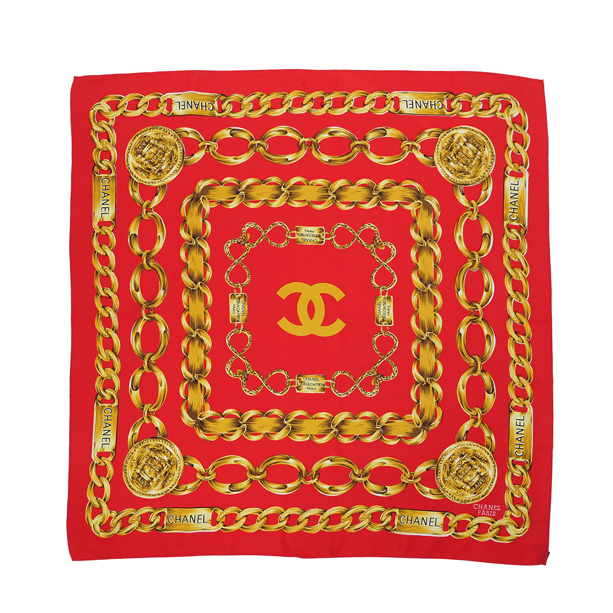 VINTAGE CHANEL SCARF COCOMARK LOGO CHAIN PATTERN RED GOLD SILK 9031971 ...